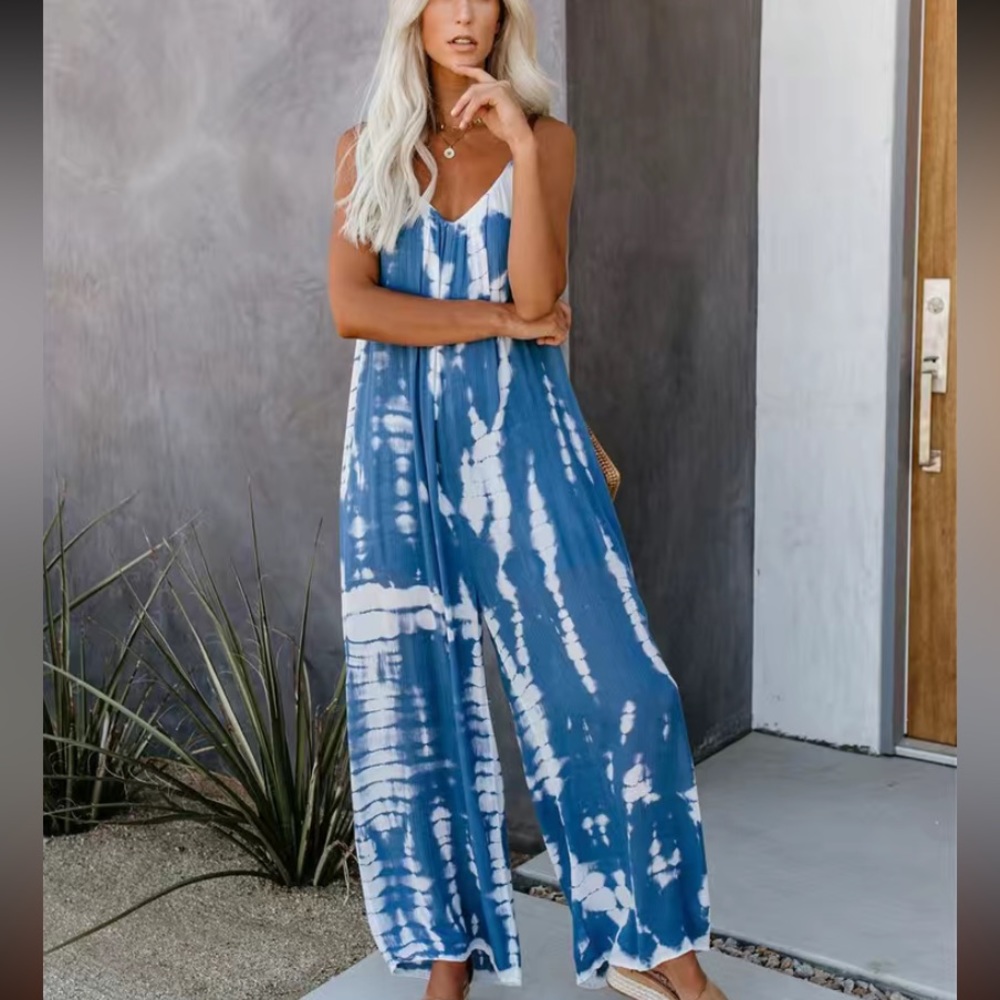 🆕 Royal Blue & White Tie Dye Jump Suit- Sz L